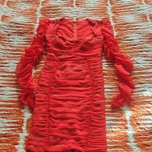 Miss Circle Long Sleeve Red Ruched Dress